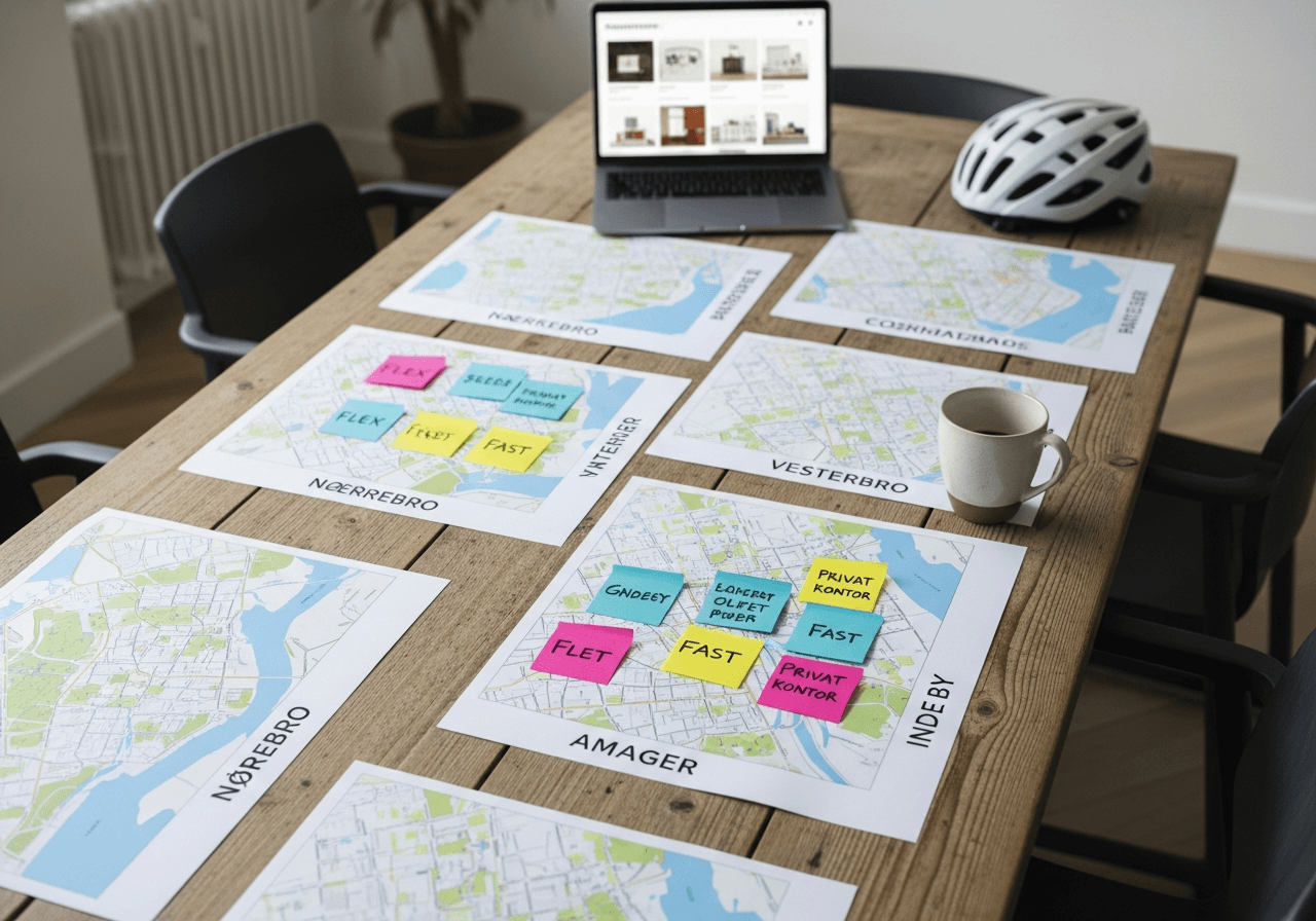 Udbuddet af ledige kontorpladser i København lige nu (Nordesk-data) – bydel, type og pris